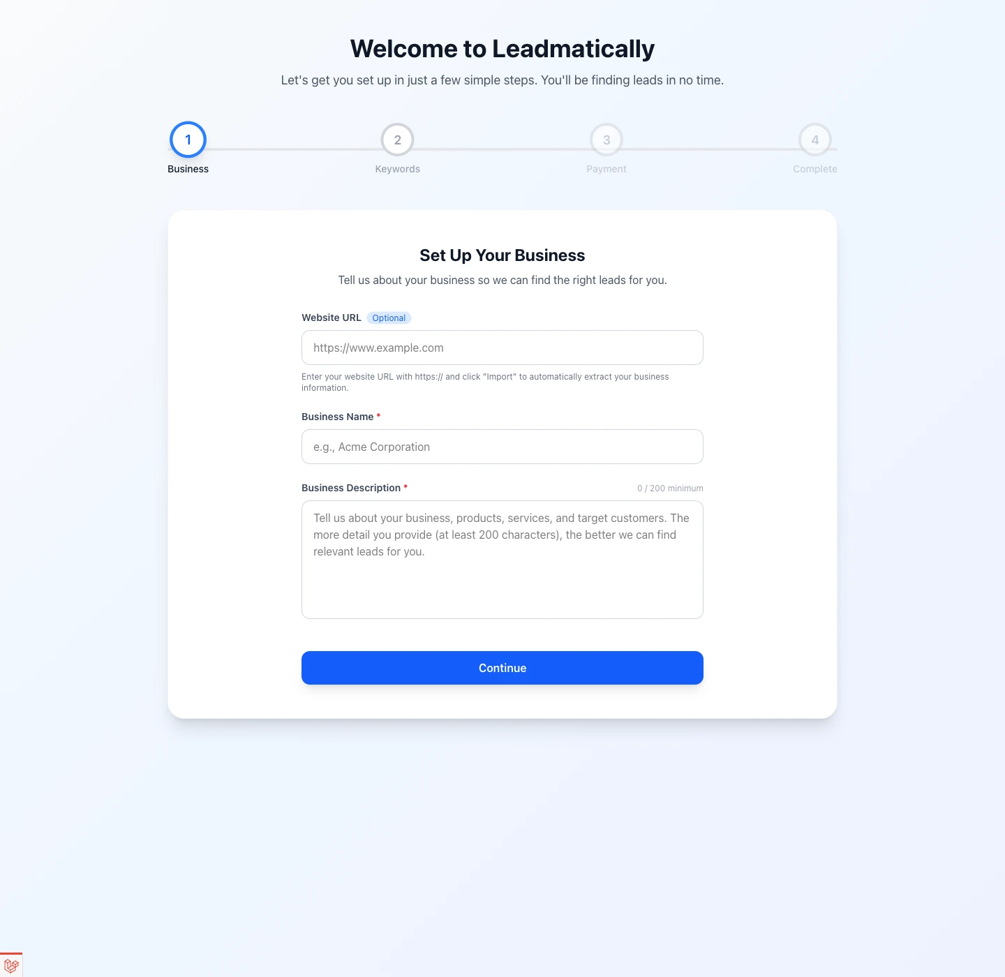 Leadmatically onboarding setup flow