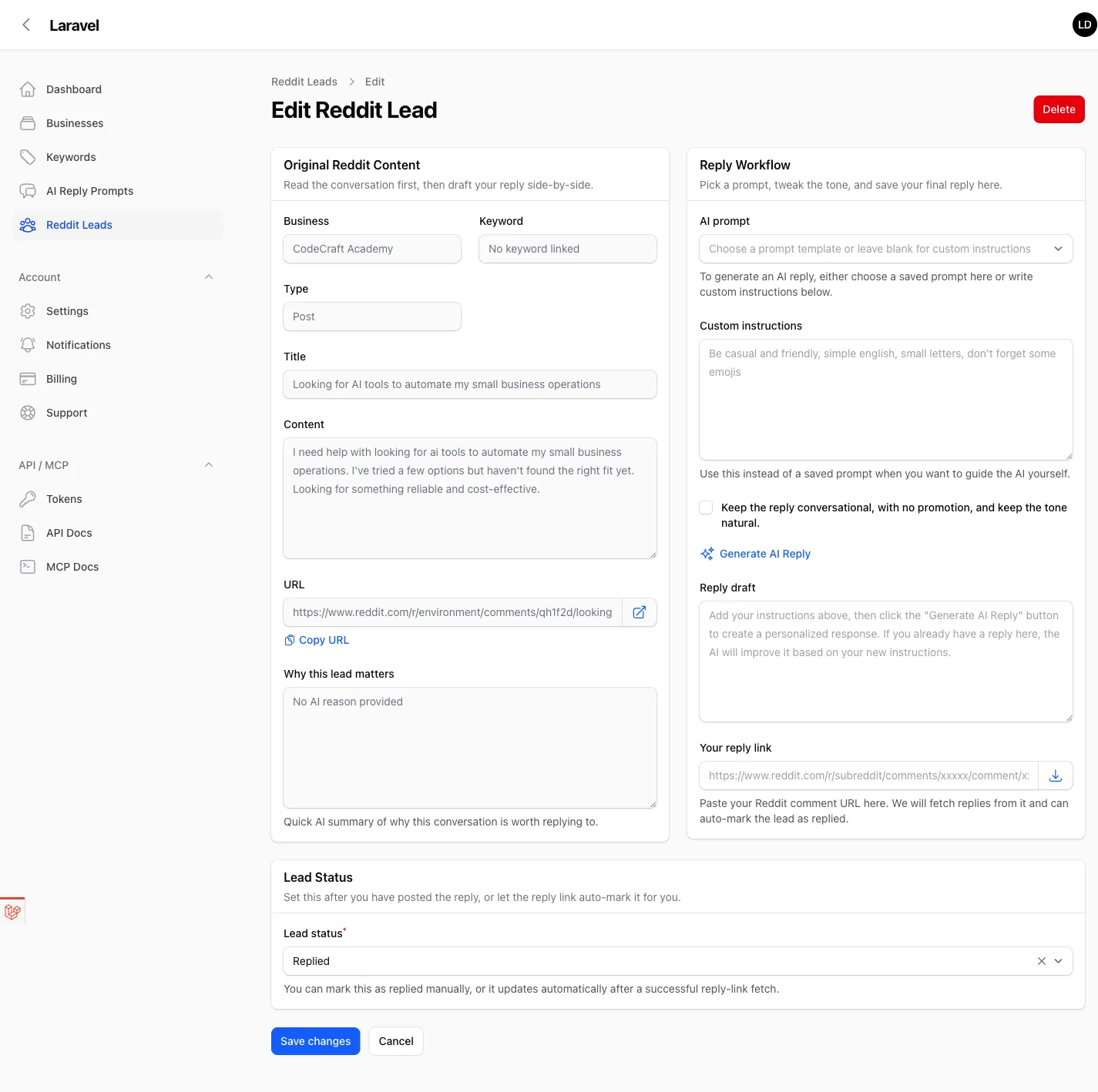 Leadmatically Reddit lead reply workflow